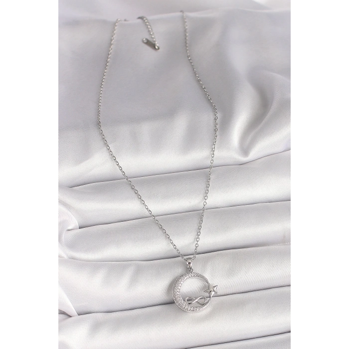 BFS 316L Çelik Gümüş Renk Zincir Zirkon Taşlı Ay Yıldız Model Sonsuzluk Detay Kadın Kolye