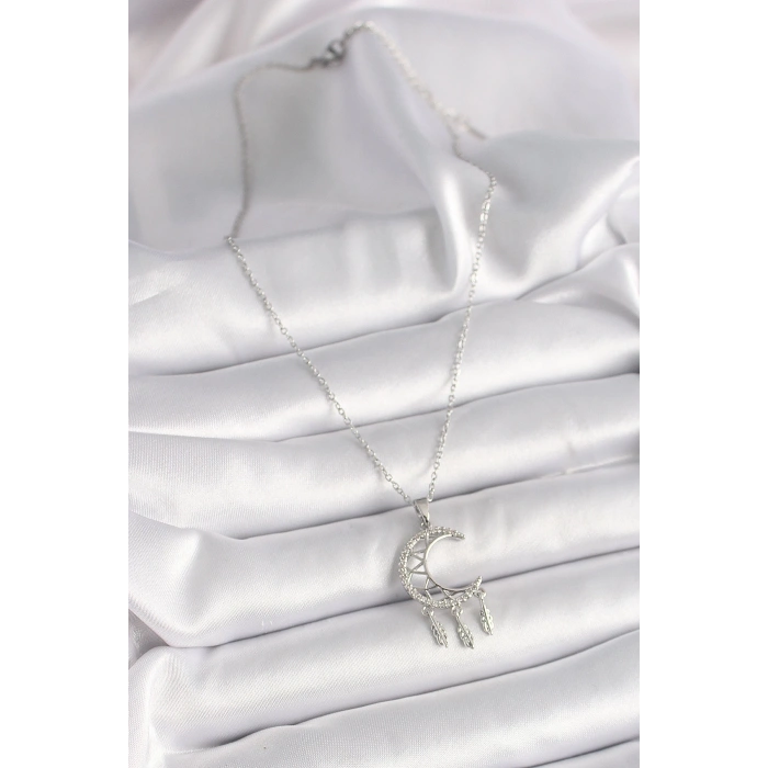 BFS 316L Çelik Gümüş Renk Zincir Zirkon Taşlı Hilal Model Sallantı Yaprak Detay Kadın Kolye