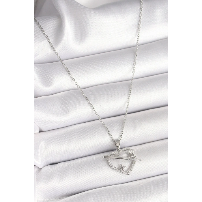 BFS 316L Çelik Gümüş Renk Zincir Zirkon Taşlı Kalp Model Yıldız Detay Kadın Kolye