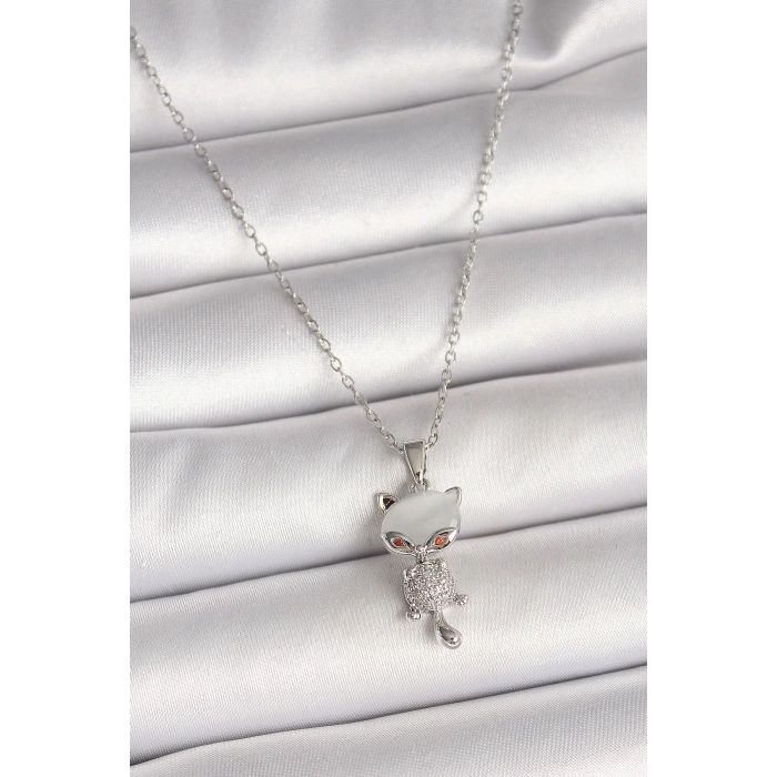 BFS 316L Çelik Gümüş Renk Zincir Zirkon Taşlı Kedi Model Kadın Kolye