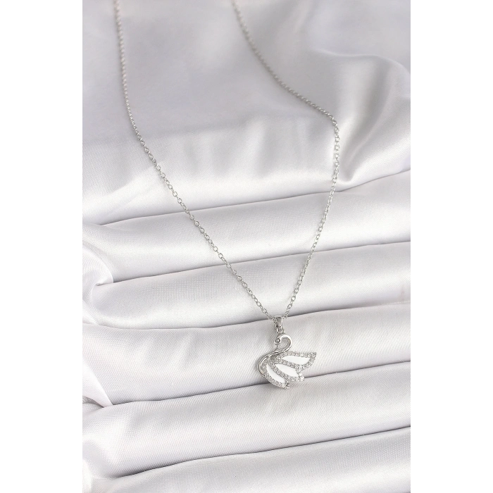 BFS 316L Çelik Gümüş Renk Zincir Zirkon Taşlı Kuğu Model Kadın Kolye