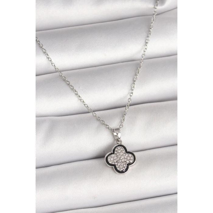 BFS 316L Çelik Gümüş Renk Zincir Zirkon Taşlı Yonca Model Kadın Kolye
