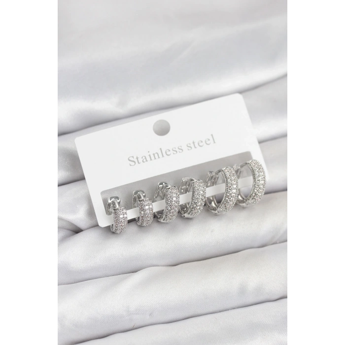 BFS 316L Çelik Gümüş Renk Zirkon Taşlı Halka Küpe Seti