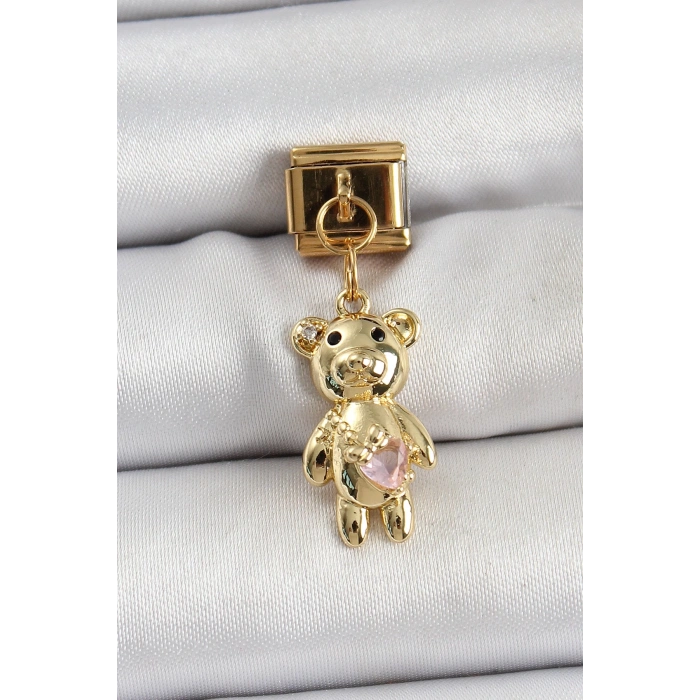 BFS 316L Çelik Sallantılı Zirkon Taşlı Ayıcık Model Gold Renk Nomination Charm
