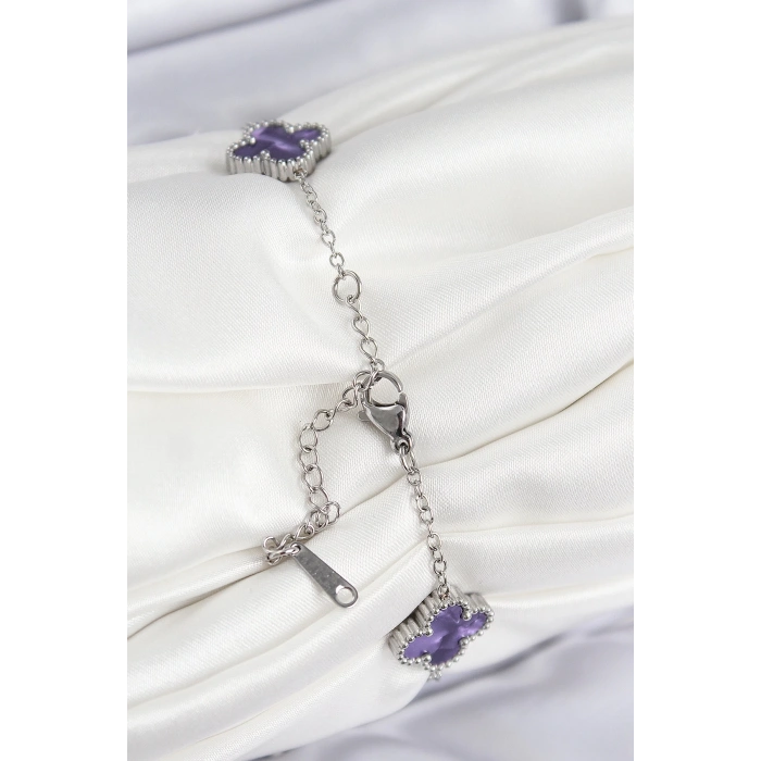 BFS 316L Çelik Sedefli Mor Gümüş Renk Yonca Kadın Bileklik