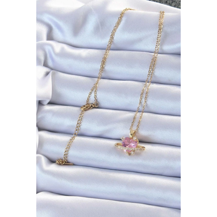 BFS 316L Çelik Zincir Altın Renk Pembe Zirkon Taşlı Satürn Görünümlü Kalp Kolye