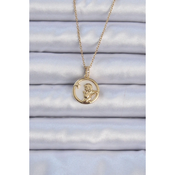 BFS 316L Çelik Zincir Altın Renk Zirkon Taşlı Mineli Melek Kolye