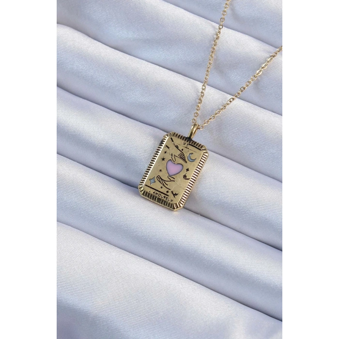 BFS 316L Çelik Zincir Eskitme Altın Renk Pembe Mineli Kalp Figürlü Tarot Kolye