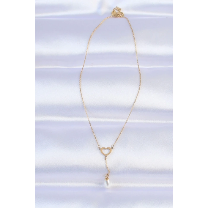 BFS 316L Çelik Zincir Gold Renk İnci Taş Detay Kalp Kolye