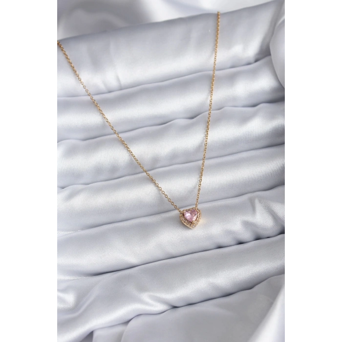BFS 316L Çelik Zincir Gold Renk Pembe Zirkon Taşlı Charm Kadın Kolye