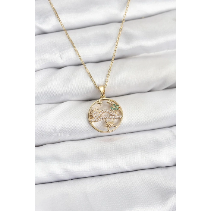 BFS 316L Çelik Zincir Gold Renk Şans Kolyesi Model Zirkon Taşlı Kadın Kolye