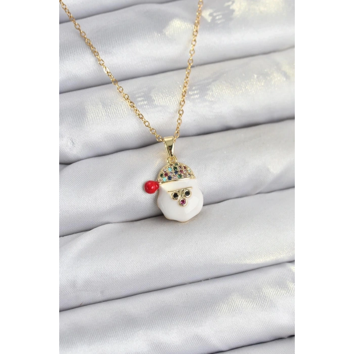 BFS 316L Çelik Zincir Gold Renk Şapkalı Kardan Adam Kafası Model Yılbaşı Temalı Kadın Kolye