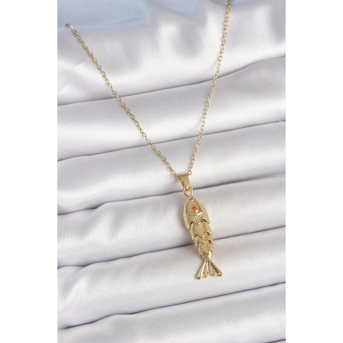 BFS 316L Çelik Zincir Gold Renk Zirkon Taşlı Balık Figürlü Kolye
