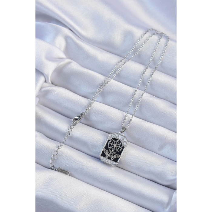 BFS 316L Çelik Zincir Gümüş Renk İşlemeli Siyah Mineli Tarot Kolye