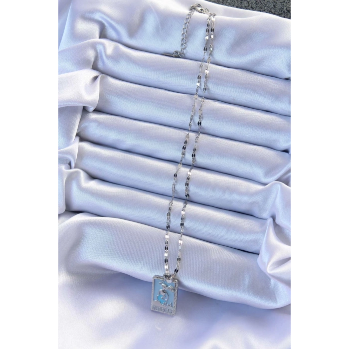 BFS 316L Çelik Zincir Gümüş Renk Mavi Mineli Tarot Kolye