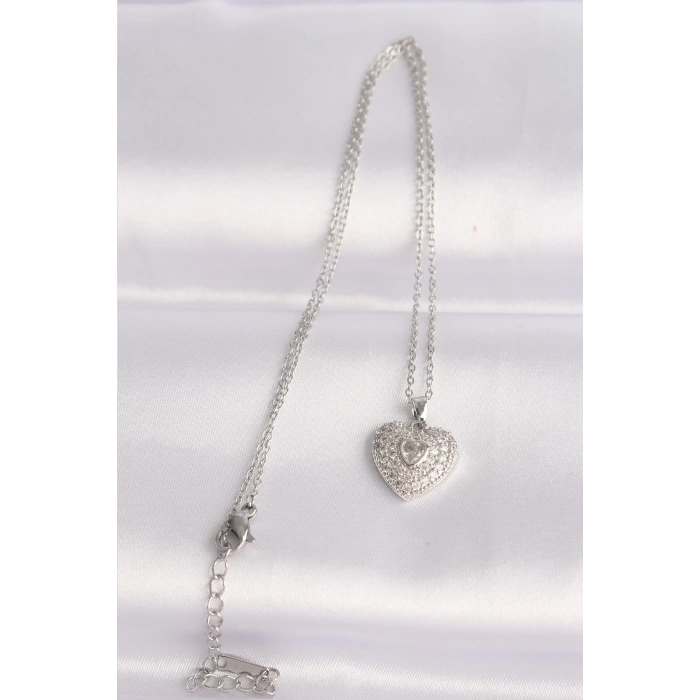 BFS 316L Çelik Zincir Gümüş Renk Zirkon Taşlı Kalp Kolye
