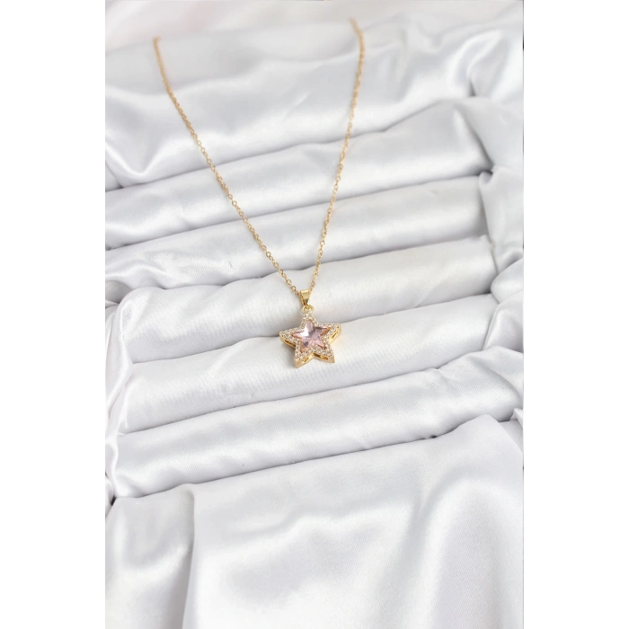 BFS 316L Çelik Zincir Pembe Taşlı Yıldız Model Kadın Kolye