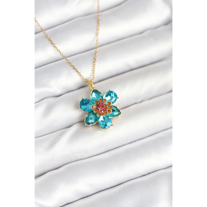 BFS 316L Çelik Zincirli Mavi Çiçek Model Kadın Kolye