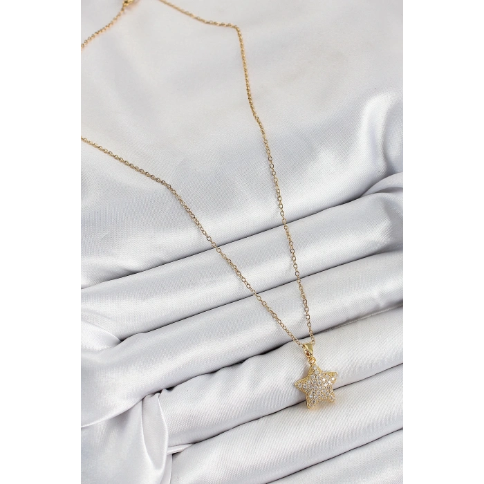 BFS 316L Çelik Zirkon Taşlı Yıldız Model Gold Renk Kadın Kolye