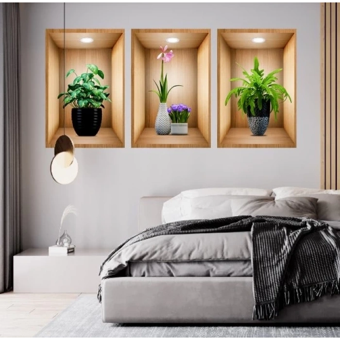 BFS  3D Çiçek Vazo Duvar Sticker 3 lü Set Kahverengi Fon