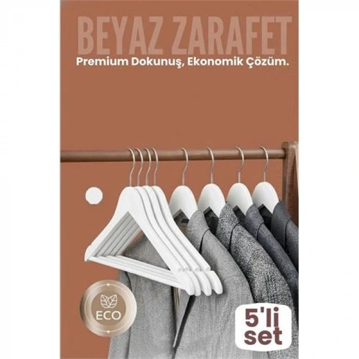 BFS 5li Lüks Beyaz Elbise Ceket Askısı - Ergonomik & Kaymaz Plastik Askı Seti -  Ahşap Görünümlü