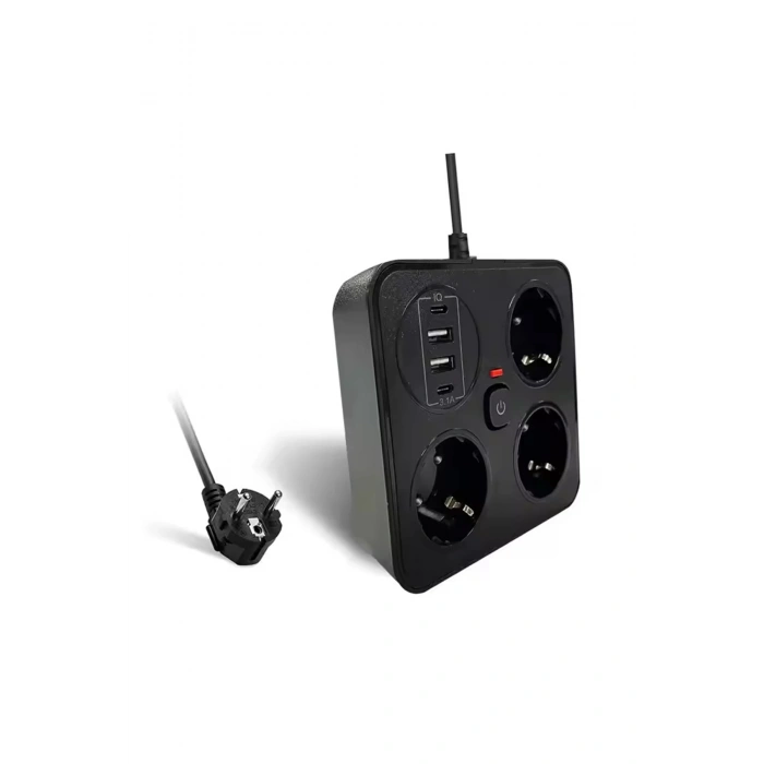 BFS Akım Korumalı Anahtarlı Priz - 3x Priz - 2x Usb - 2x Type-c - 2 Mt Kablo Hızlı Şarj Özellikli Siyah