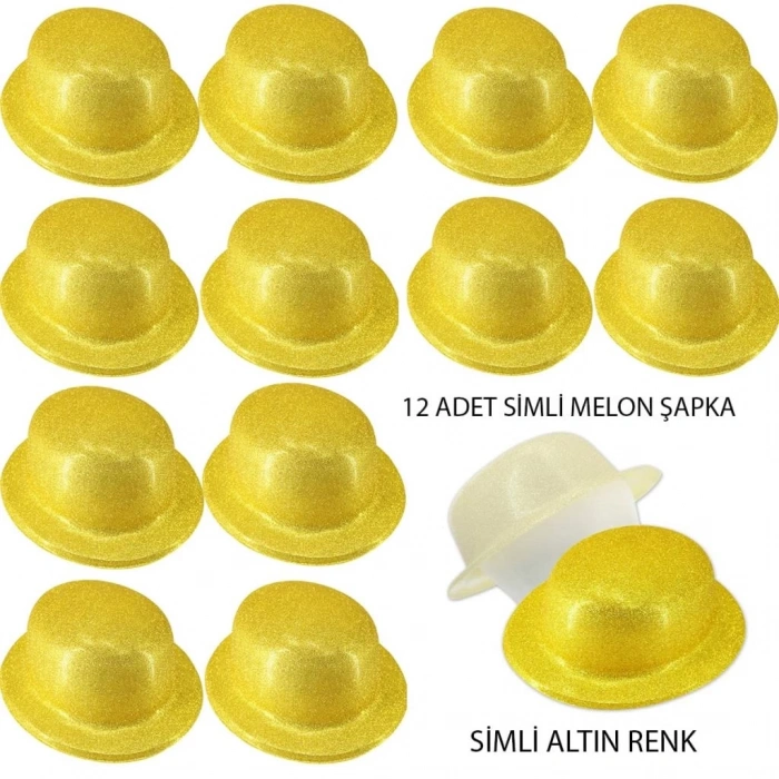 BFS   Altın Renk Simli Melon Yuvarlak Parti Şapkası 12 Adet
