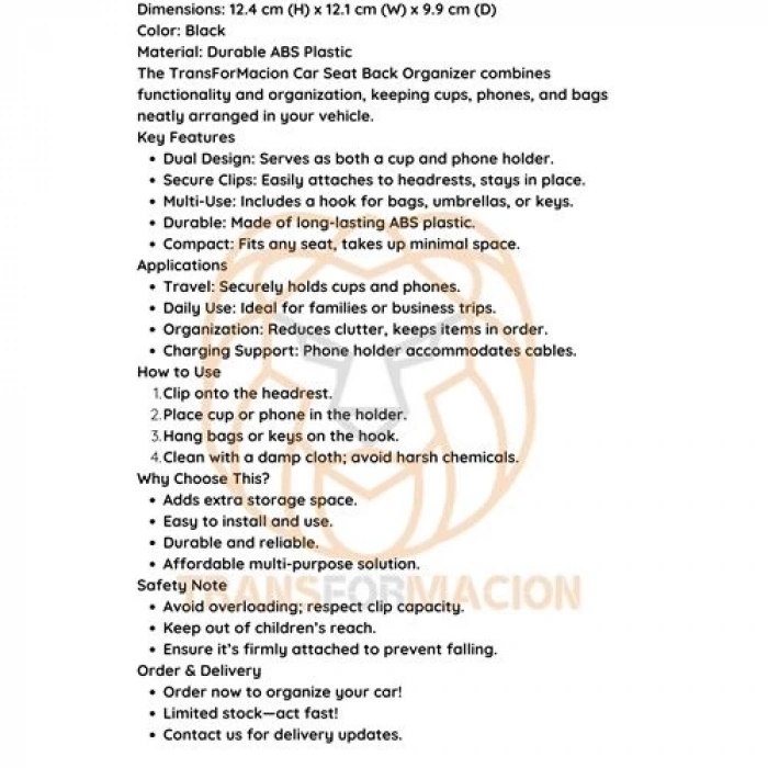 BFS  Araç Koltuk Arkası Organizer Bardak Telefon Tutucu