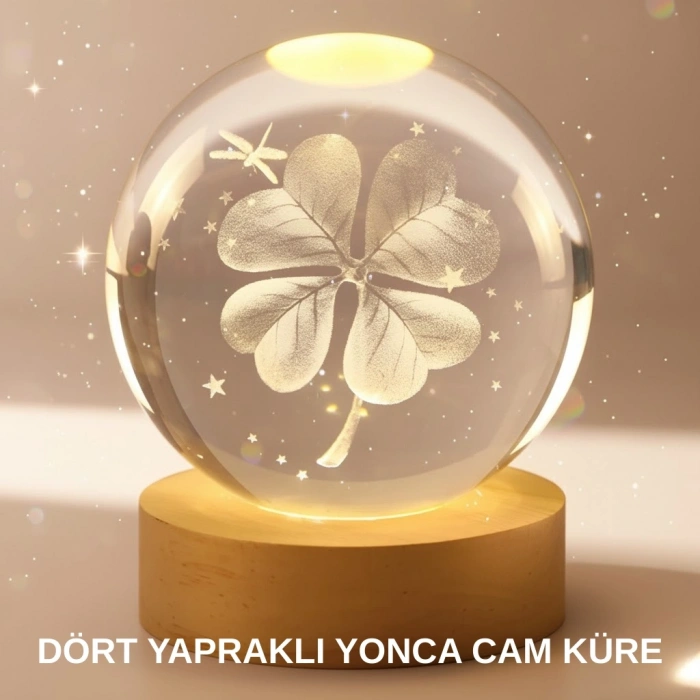 BFS Bitki Temalı LED Işıklı Cam Küre Ahşap Standlı Modern Gece Lambası