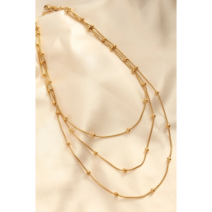 BFS Çelik Altın Renkli Topçuk Tasarımlı Çoklu Kolye