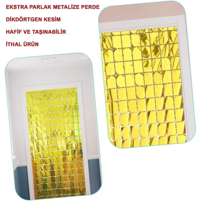 BFS     Ekstra Metalize Altın Renk Disko Dikdörtgen Kesim Kapı Perdesi Dekorasyon 1x2 Metre