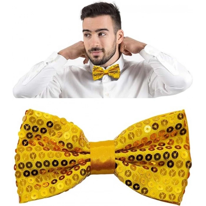 BFS   Gece Işıltısı Altın Payetli Pullu Papyon 7x2 cm