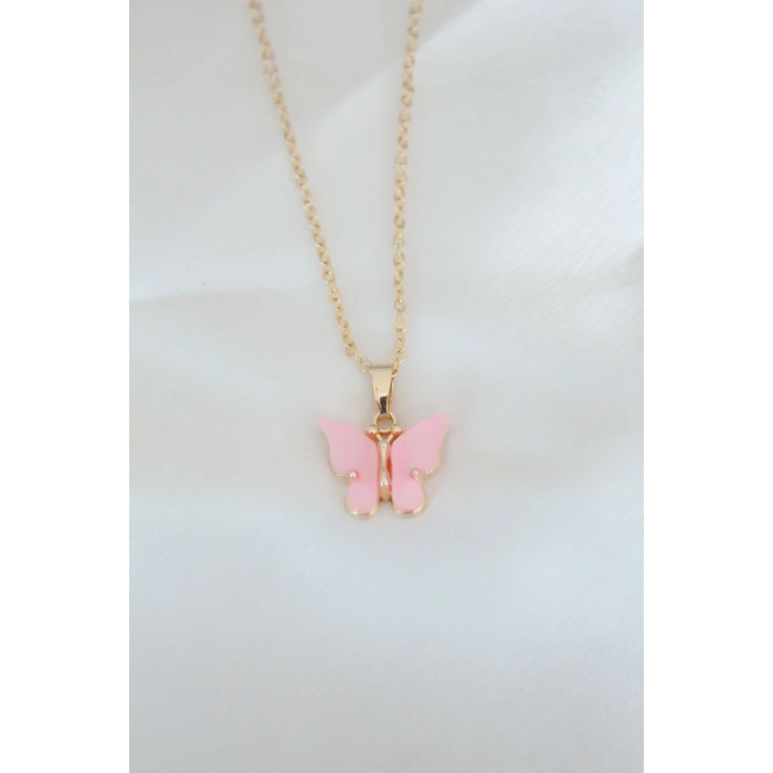 BFS Gold Kaplama Pembe Sedefli Kelebek Kolye