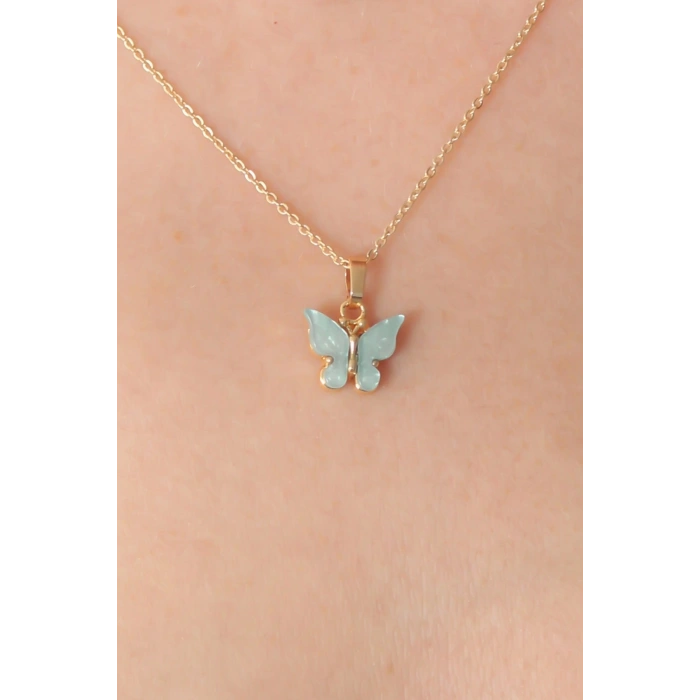 BFS Gold Renk Su Yeşili Kelebek Figür Kadın Kolye