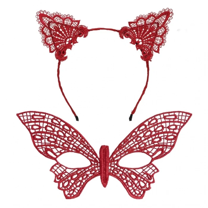 BFS  Gösterişli Kırmızı Dantel Maske ve Taç Seti 7 No – Masquerade ve Davetler için