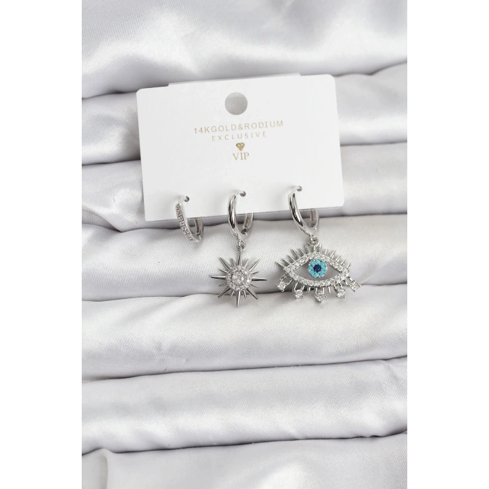 BFS Göz Model Gümüş Renk Pirinç 3lü Kadın Küpe Seti