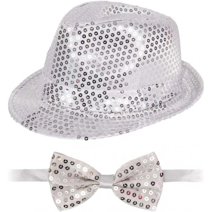 BFS   Gümüş Payetli Şapka ve Papyon Seti – Parıltılı Yetişkin Kostüm Seti