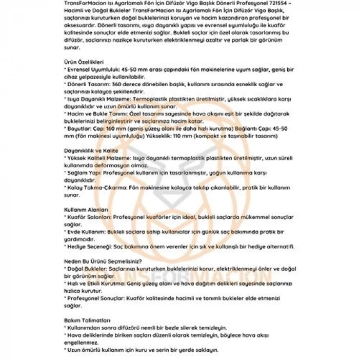 BFS Isı Ayarlamalı Fön Için Difüzör Vigo Başlık Dönerli Profesyonel