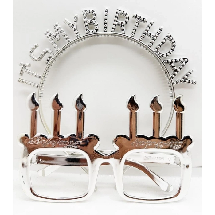 BFS   İt&#39;sMyBirthdayYazılıTaçveMumŞekilliGözlükSetiGümüşRenk