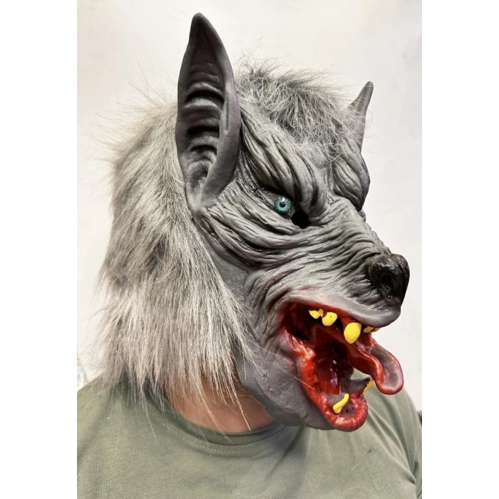 BFS   Kafaya Tam Geçmeli Lateks Dil Çıkaran Mavi Gözlü Kurt Maskesi