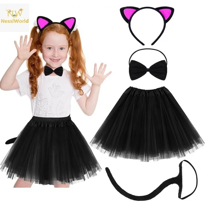 BFS Kedi Kulak Taç Etek Kuyruk ve Papyon 4 lü Set Çocuk Fuşya