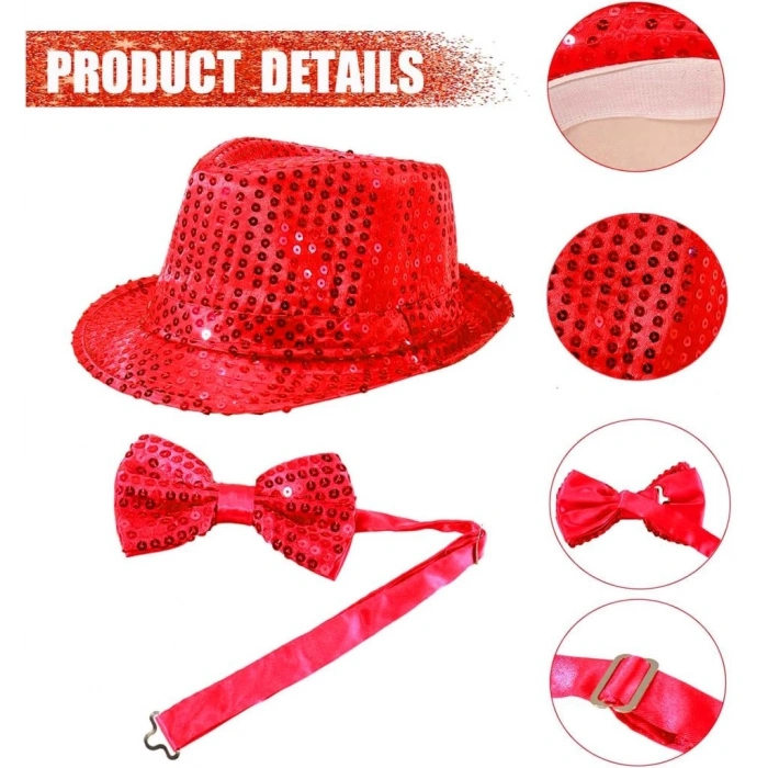 BFS   Kırmızı Payetli Şapka ve Papyon Seti – Parıltılı Yetişkin Kostüm Seti