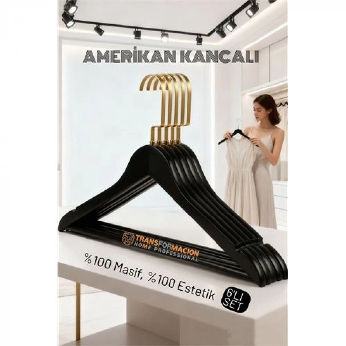 BFS LasVegas Ahşap Elbise Askısı - 6lı Set, Lüks Amerikan Kancalı Gardırop Düzenleyici