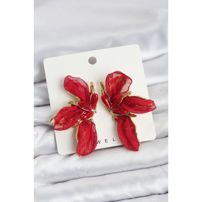 BFS Lotus Model Kırmızı Renk Tüllü Kadın Küpe