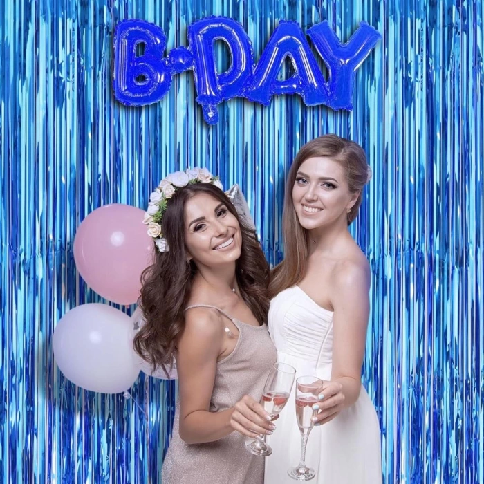 BFS   Mavi Renk Ekstra Metalize Parlak Saçaklı Arka Fon Perde İthal A Kalite 1x2 Metre