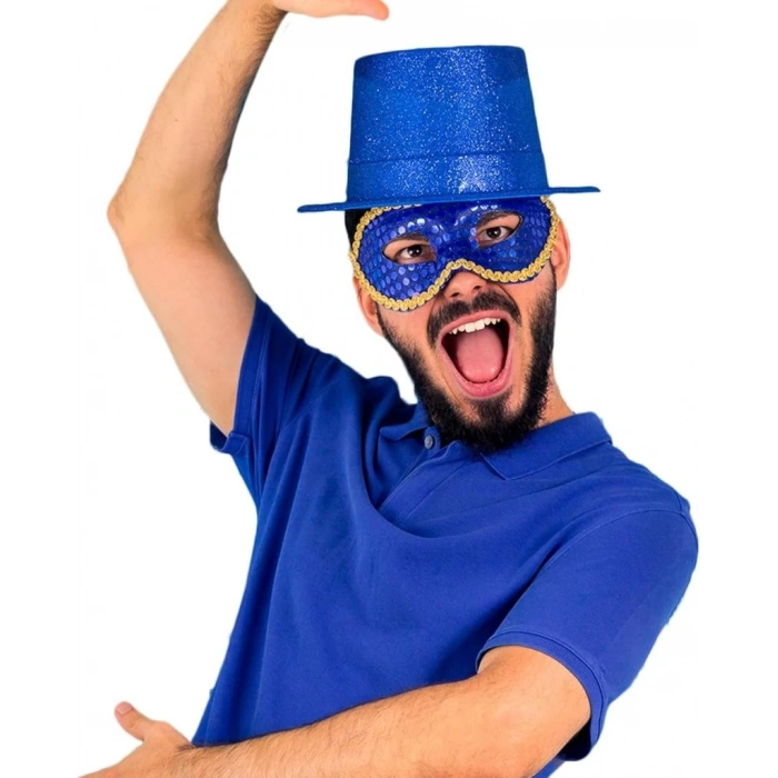 BFS   Mavi Renk Parıltılı Simli Fötr Silindir Parti Şapkası