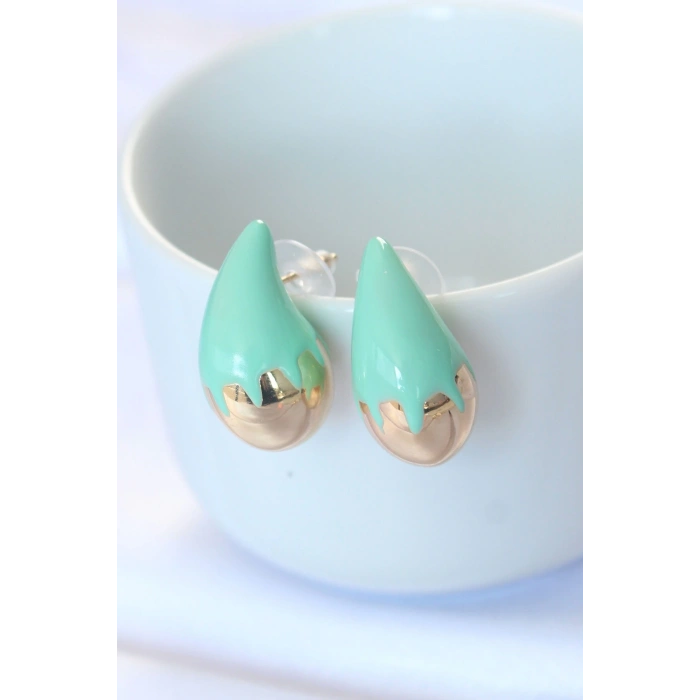 BFS Minimal Turkuaz Mineli Çift Renk Damla Küpe