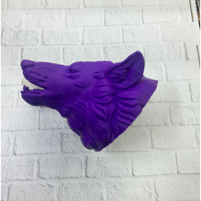BFS Mor Renk 3D Kurt Başı Duvar Dekoru Asılabilir Maskot Heykel 25x19 cm