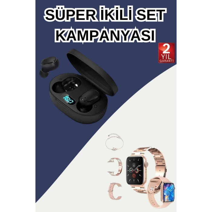 BFS Nabız Ölçer Hediye Bileklikli Akıllı Saat ve Dijital Göstergeli Bluetooth Kulaklık Çoklu Şarj Girişi