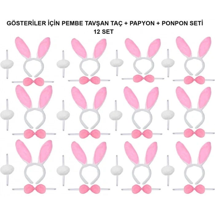 BFS   Pembe Tavşan Kostüm Seti – Taç, Papyon, Ponpon (12’li Paket)